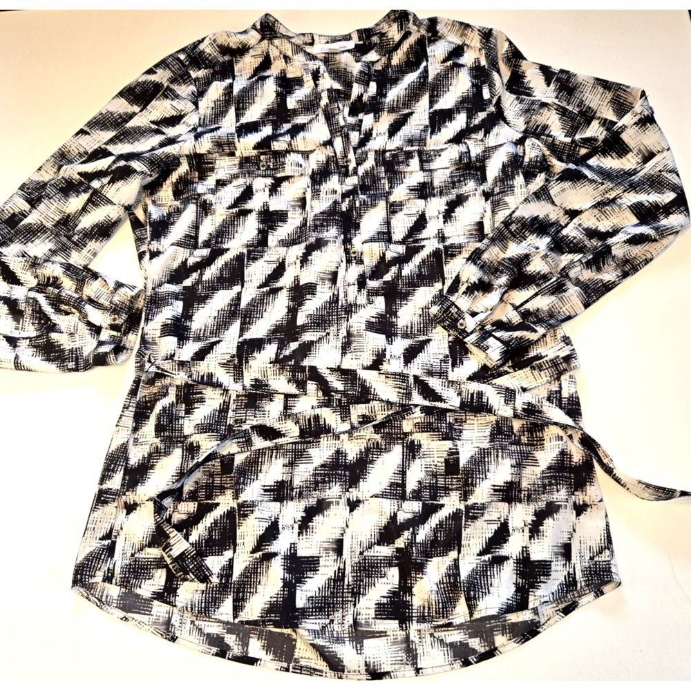 Calvin Klein Black White Bold Print Belted Tunic‎ Shirt Roll Tab Sleeves Small